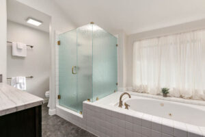 Carlsbad Interior Design, Coastal Interior, Carlsbad Remodel, Design Build, General Contractor, Blue Tile, White Bathroom, Gold, Clean Bathroom, Modern Bathroom